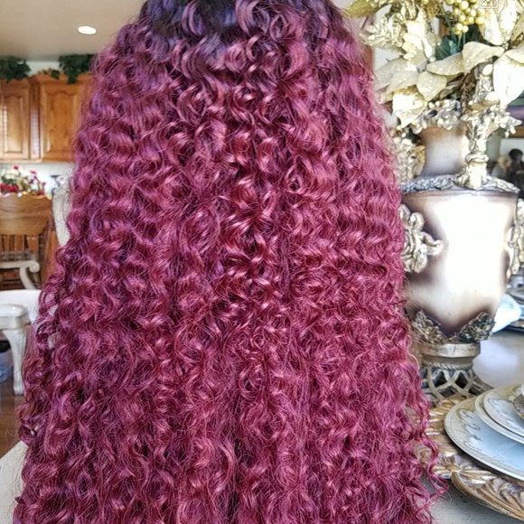 Ombre Black Burgundy Curly Lace Front Wig main image 3